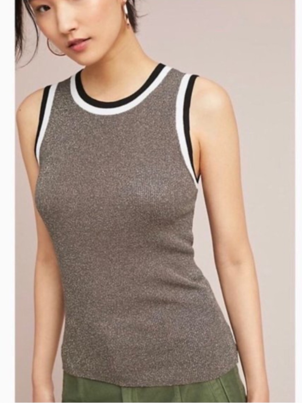 Antropologie Moth Valeria Sleeveless Knit Tank Sparkle Metallic Silver Sz MD